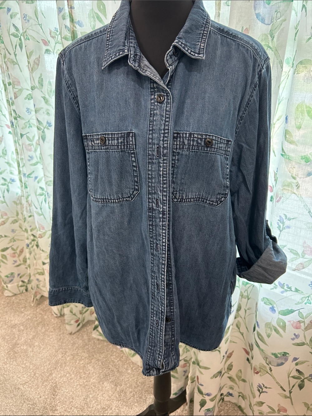 Lands' End Women's Chambray Button-Up Shirt in Indigo Blue